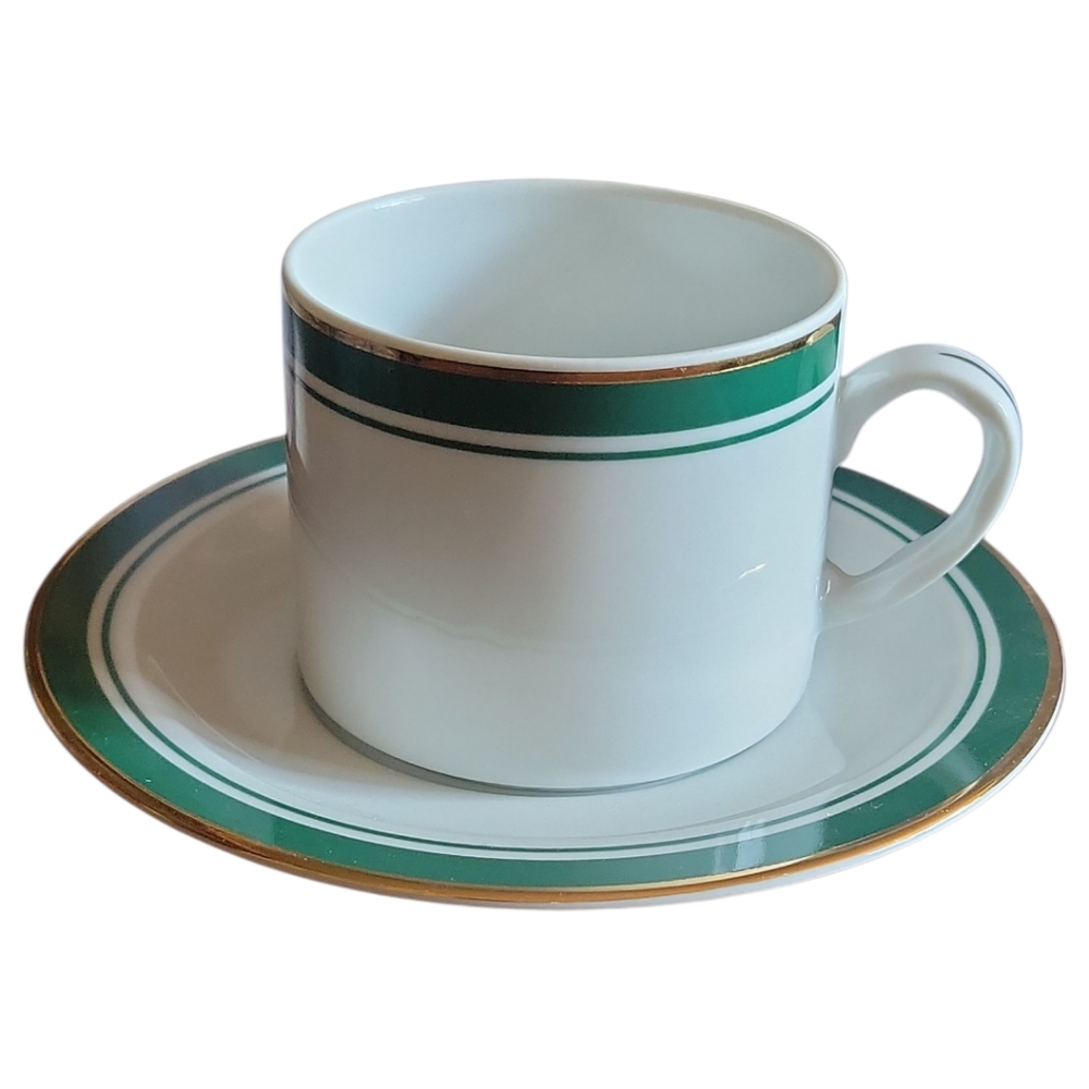 Vtg PHILIP KINGSLEY CLASSICS EMERALD Flat Cup & Saucer Gold Green Porcelain